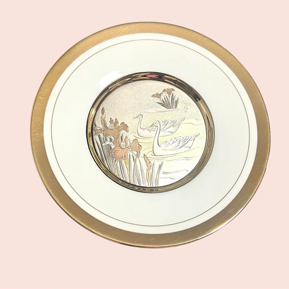 Art of Chokin Swans & Irises Collector Plate – Japan, 24K Gold Accents